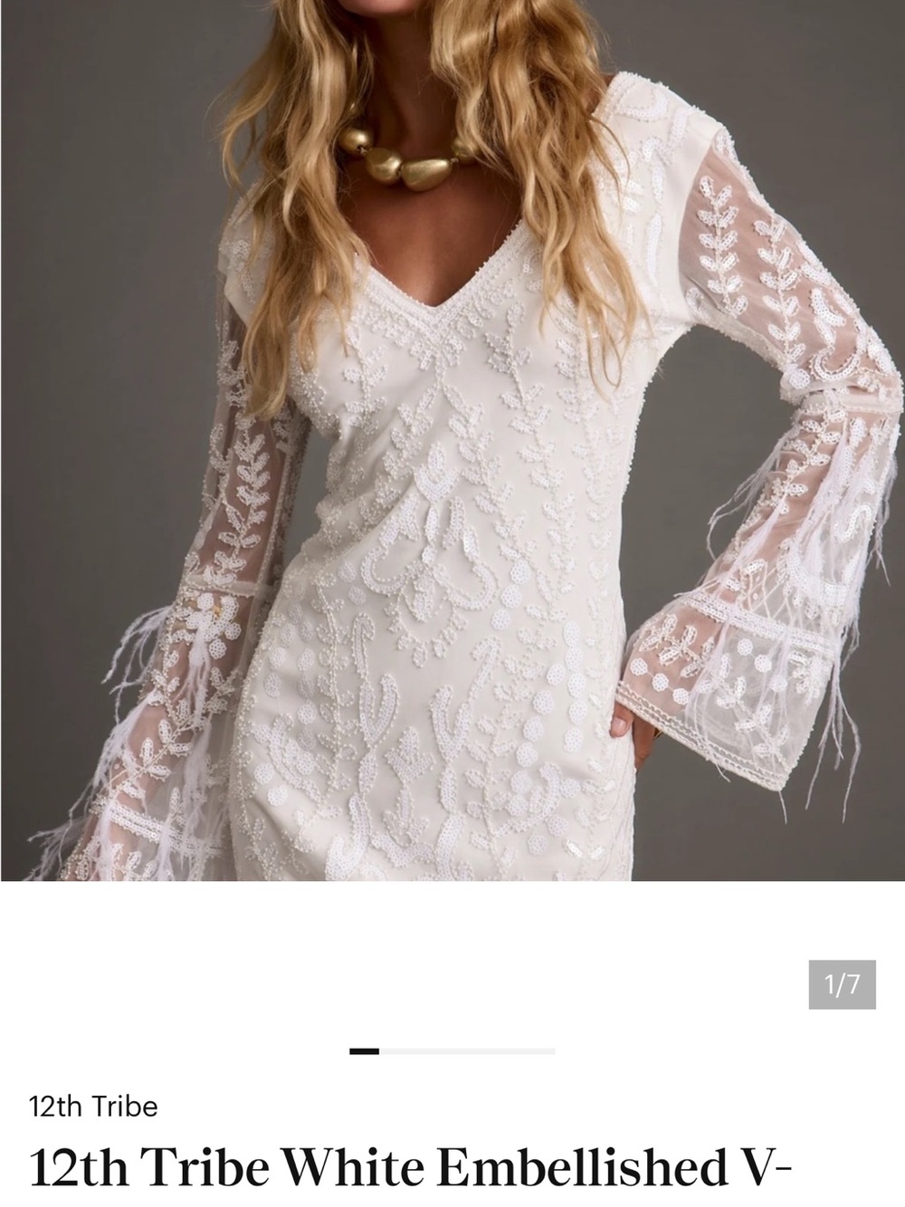 12th Tribe White Embellished V-Neck Lace Bell Sleeve Dress